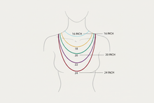 Load image into Gallery viewer, necklace length diagram with only 16 inch, 18 inch, 20 inch, 22 inch and 24 inch necklace showen

